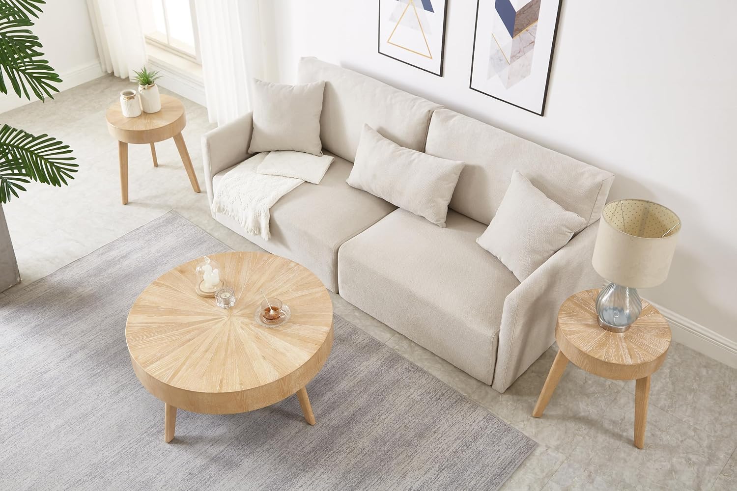 Nesting Round Oak Wood Coffee Table Set of 2 for Living Room - Wooden Circle Coffee Table ＆ End Table Side Tables for Apartment (Light Brown,31x31x14 in)