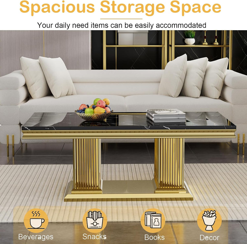 Modern Marble Coffee Table, 47' Black Gold Coffee Table with Mirrored Column-Shape Stainless Steel Base, Faux Marble Rectangle Living Room Center Table Cocktail Tea Table for Home Office
