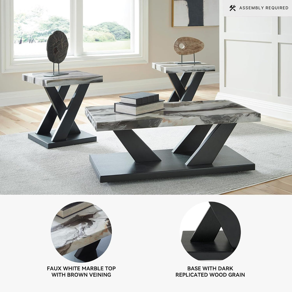 Signature Design by Ashley Cendill Contemporary Faux Marble Table with Casters, Set of 3, White & Black