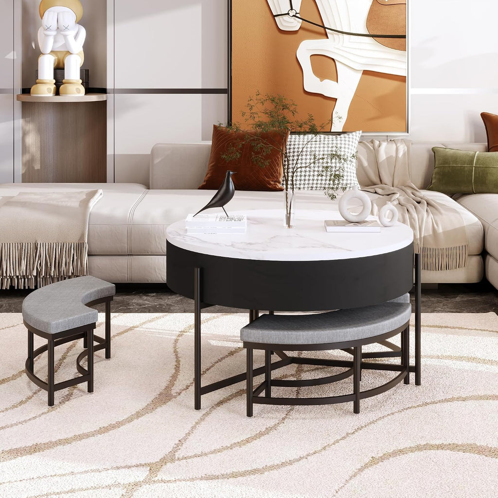 31.5' Modern Round Lift-Top Coffee Table with Storage & 3 Ottoman,White & Black