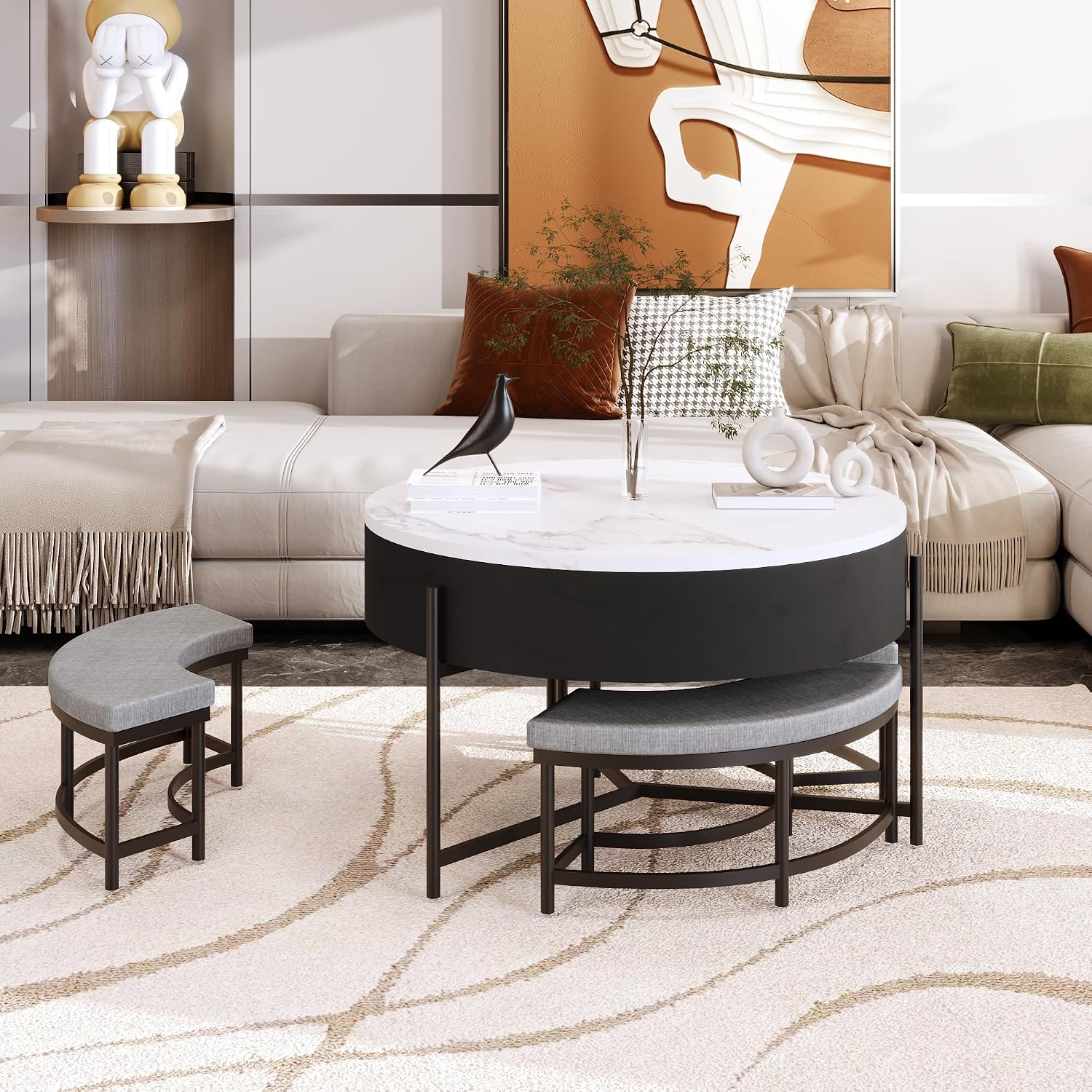 31.5' Modern Round Lift-Top Coffee Table with Storage & 3 Ottoman,White & Black