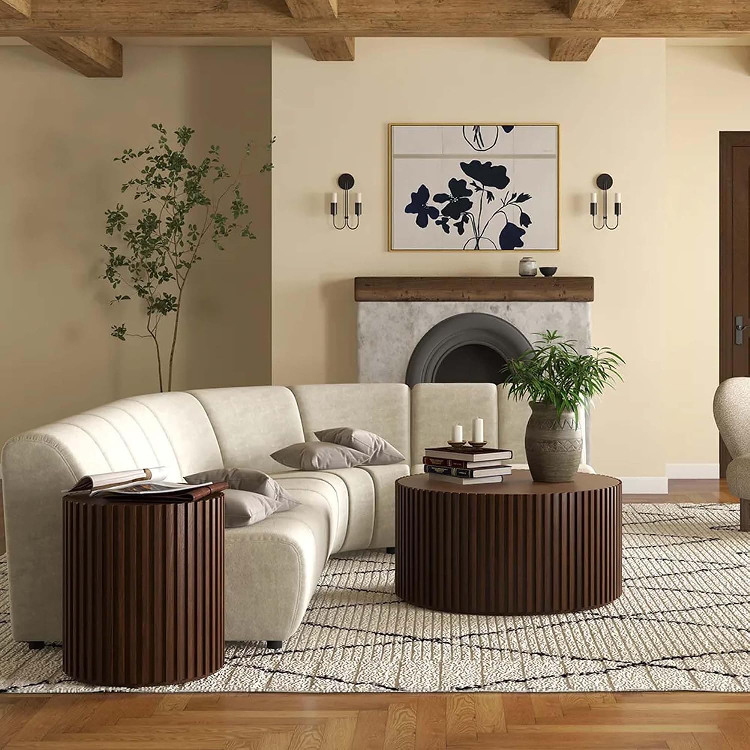 POVISON Round Coffee Table,Mid Century Modern Fluted Coffee Table for Living Room Bedroom Office, 31.5', Walnut