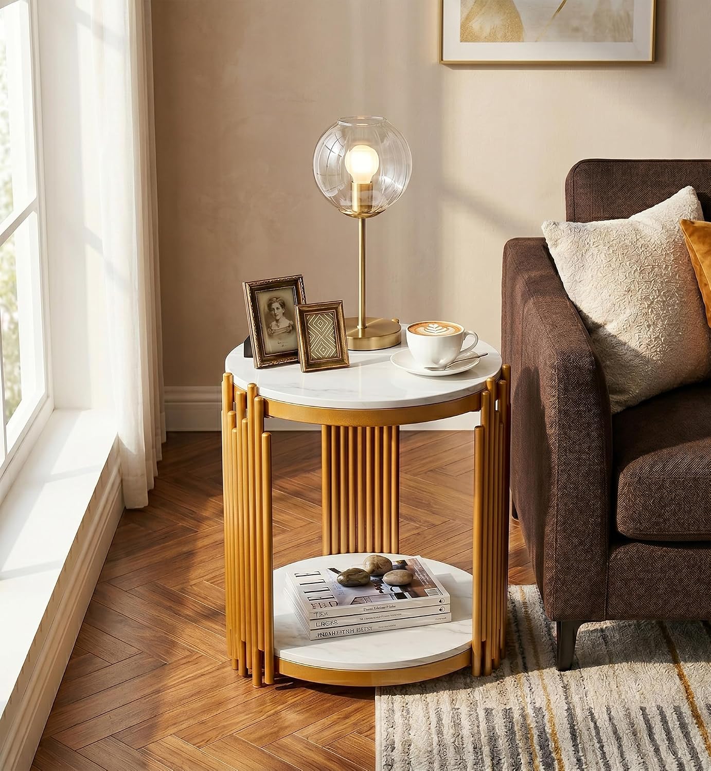 Round Marble Side Table Set of 2 Luxury 2-Tier End Table with Gold Metal Frame Modern Living Room Table Elegant White Nightstand Sofa Side Table with Storage Shelves