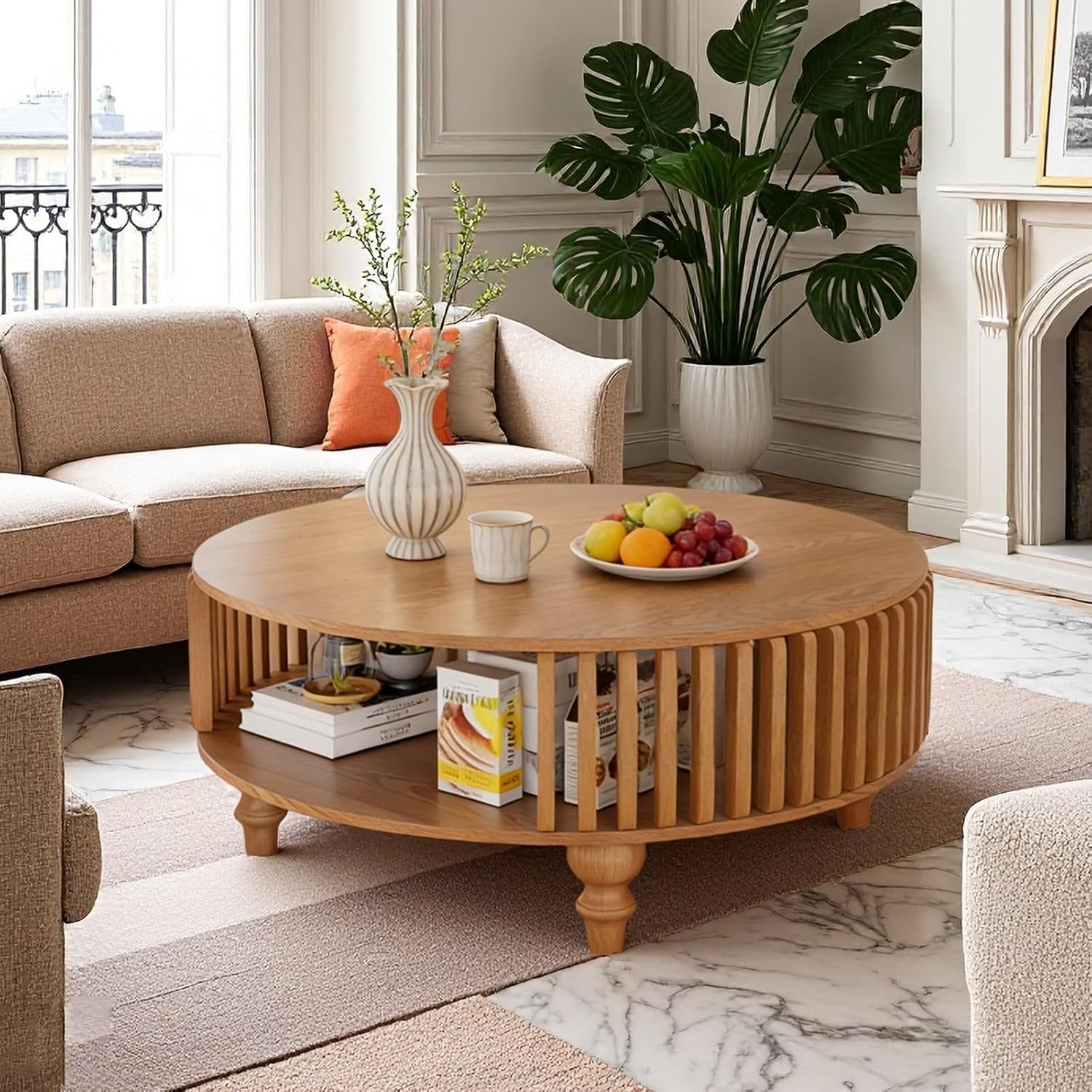 2-Tier Round Coffee Table 30.7' Round Coffee Table with Storage Mid-Century Modern Circle Accent Center Table Farmhouse Low Cocktail Tea Furniture for Living Room Small Spaces (30.7' Round)