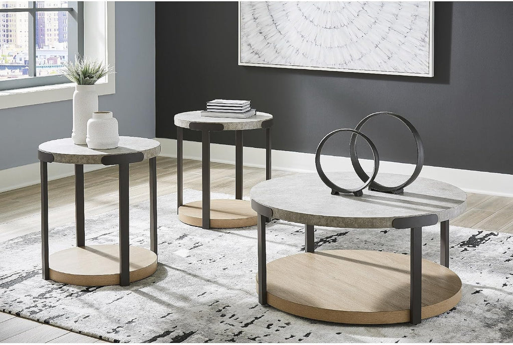 Signature Design by Ashley Darthurst Contemporary Table Set with Lower Shelf and Casters, Set of 3, Light Brown & Metallic