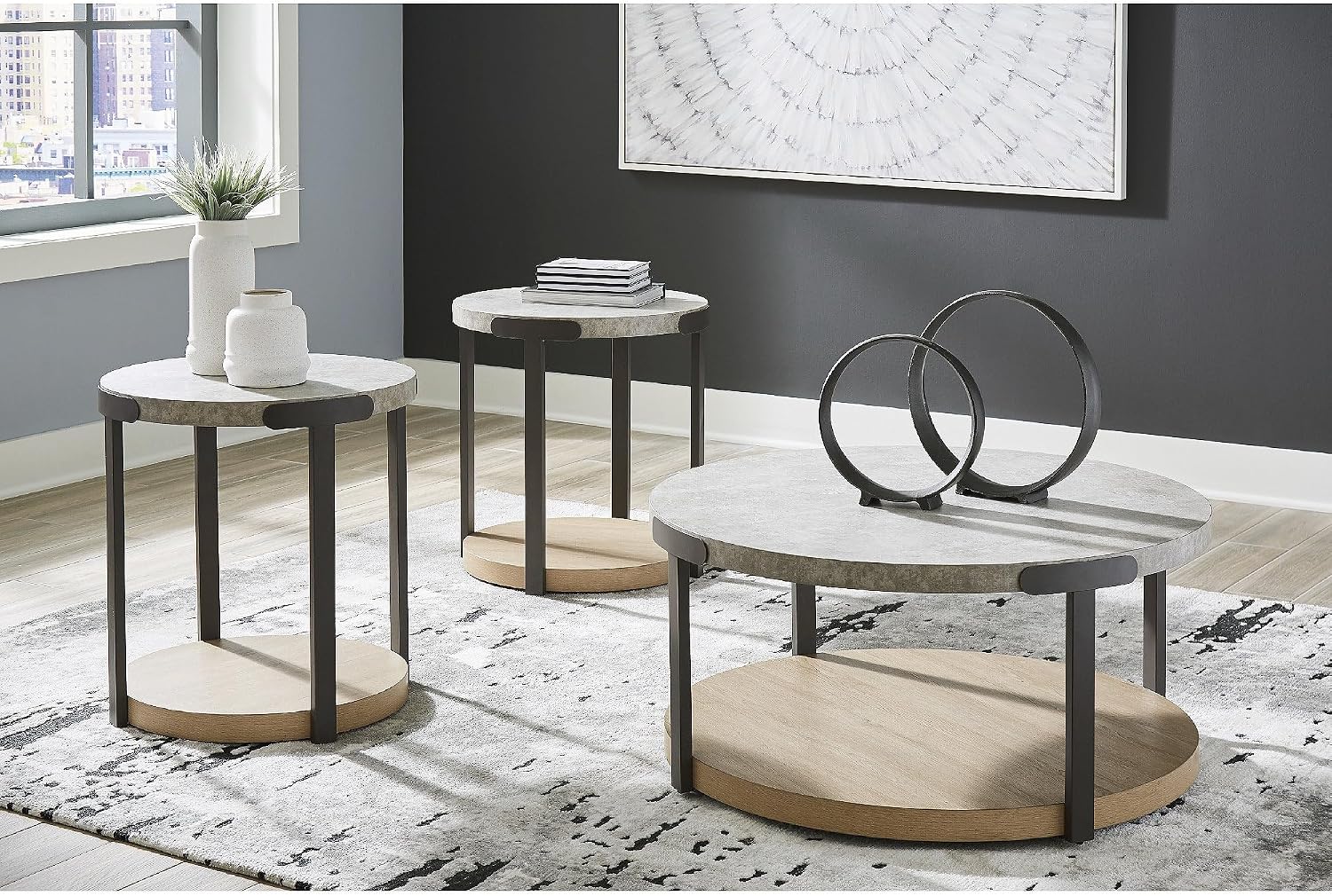Signature Design by Ashley Darthurst Contemporary Table Set with Lower Shelf and Casters, Set of 3, Light Brown & Metallic