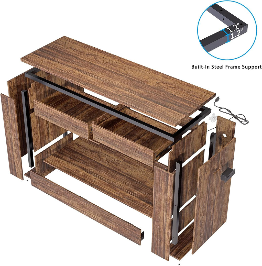 55–75/90 Gallon Aquarium Stand,Heavy-Duty 48' Turtle Reptile Fish Tank Stand With Storage Drawers, Reinforced Metal Frame, LED Lighting, Power Outlets (Rustic Brown)