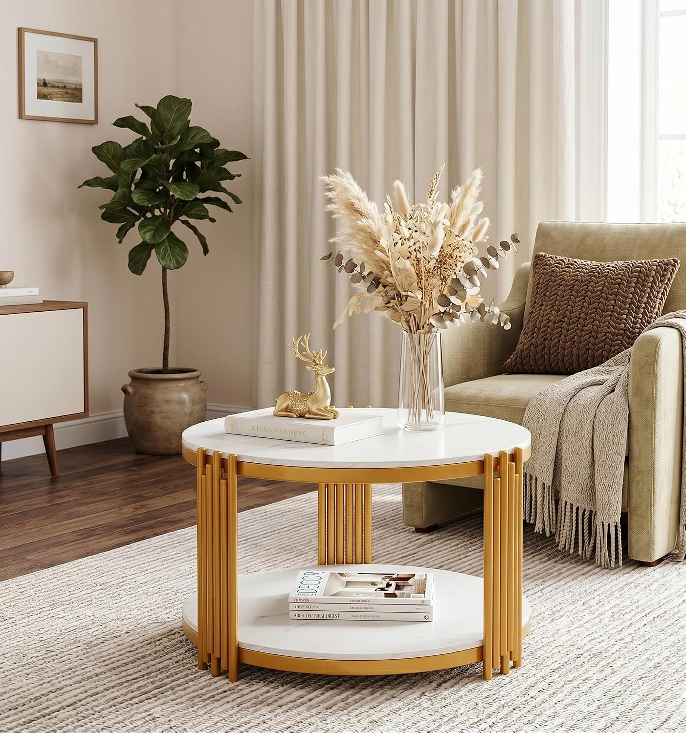 Round Marble Coffee Table Luxury 2-Tier Center Coffee Table with Gold Metal Frame Modern Living Room Table Elegant White Accent Cocktail Tea Table with Storage Shelves