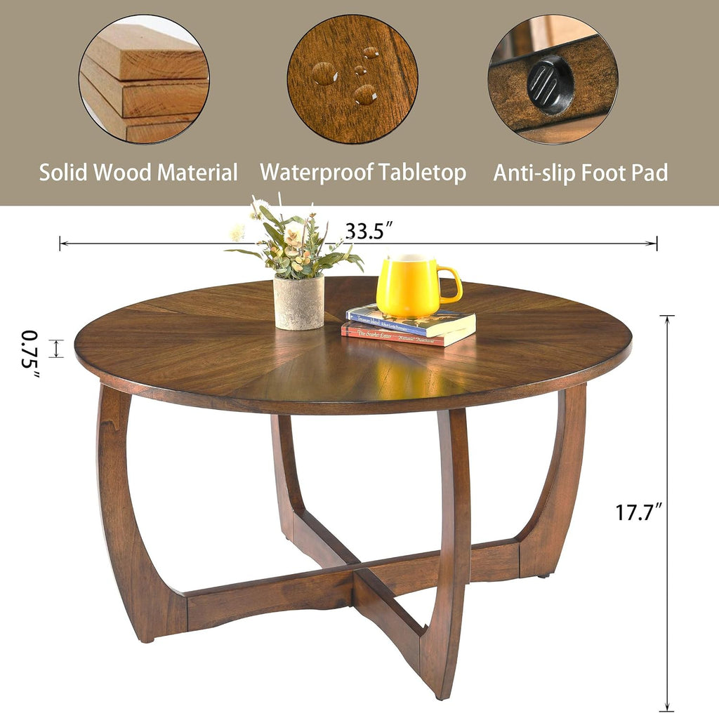LEEMTORIG Round Wood Coffee Table, Mid Century Modern Round Walnut Coffee Tables for Living Room, 33.5' Dia. Circle Drum Coffee Table with Cross Legs, Easy Assembly, Brown Walnut KFZ-3223