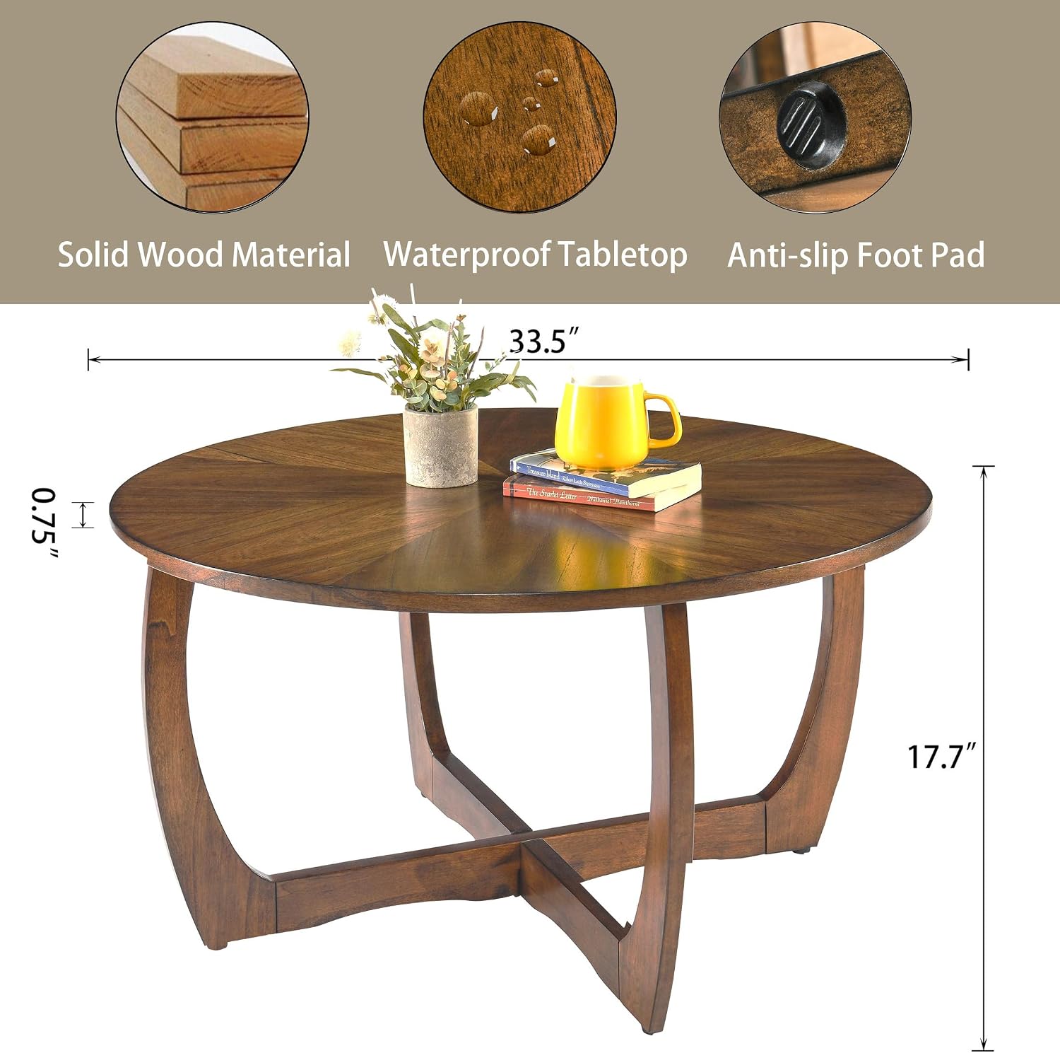 LEEMTORIG Round Wood Coffee Table, Mid Century Modern Round Walnut Coffee Tables for Living Room, 33.5' Dia. Circle Drum Coffee Table with Cross Legs, Easy Assembly, Brown Walnut KFZ-3223