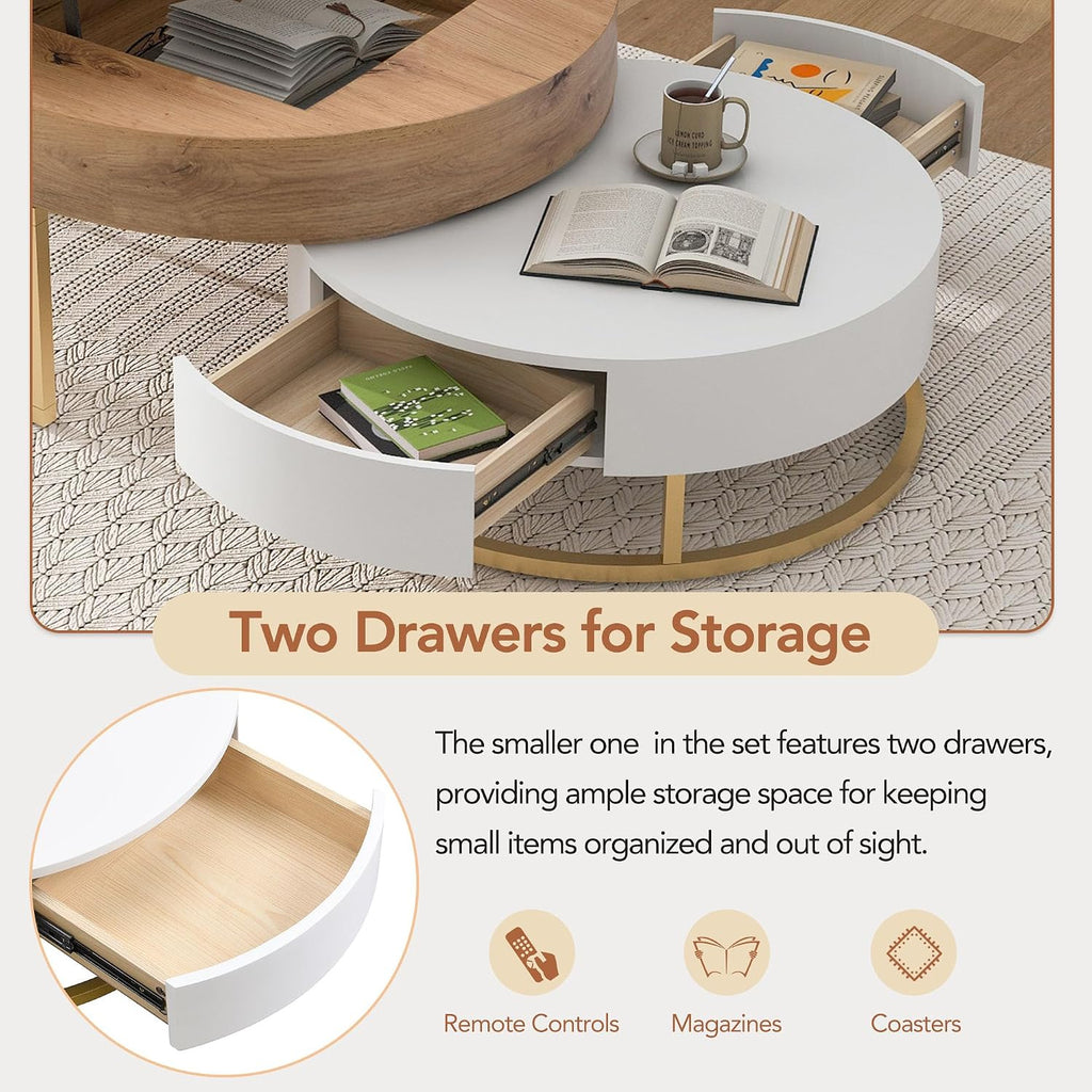 Round Lift-Top Nesting Coffee Table Set of 2, Modern Coffee Table with 2 Storage Drawers, Circular Wood Center Table Set for Living Room, Apartment, White & Oak