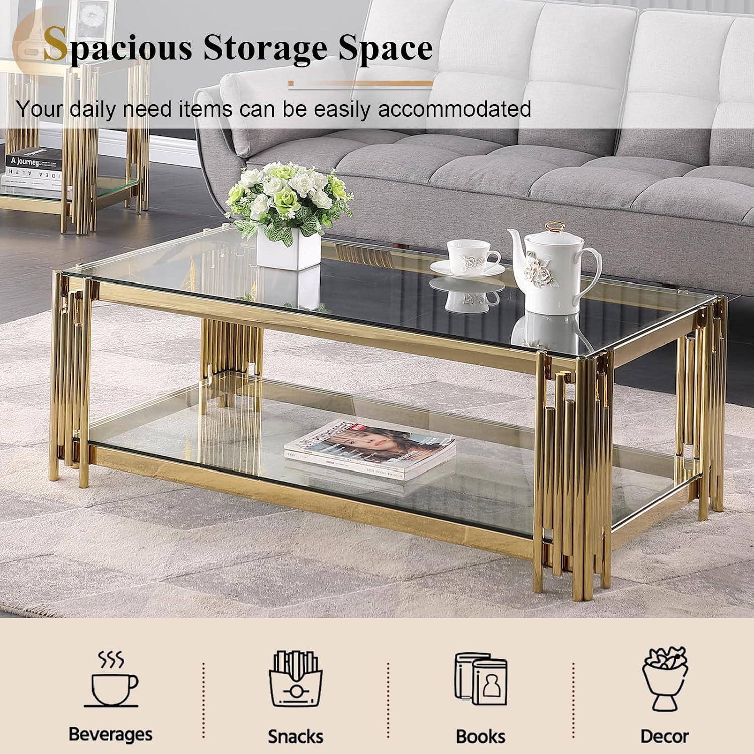 Glass Coffee Table and End Table Set of 3, Luxury Coffee Table Set with Tempered Glass & Gold Stainless Steel Legs, 3 Piece Living Room Table Set for Bedroom Home Office