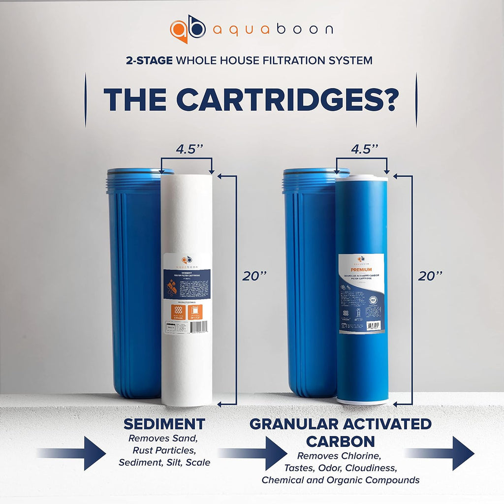 2-Stage Whole Home Water Filtering System Chlorine & Sediment Reducing, 20x4.5 GAC & Sediment Filters Included with Gauge & Release, Wrench, Bracket