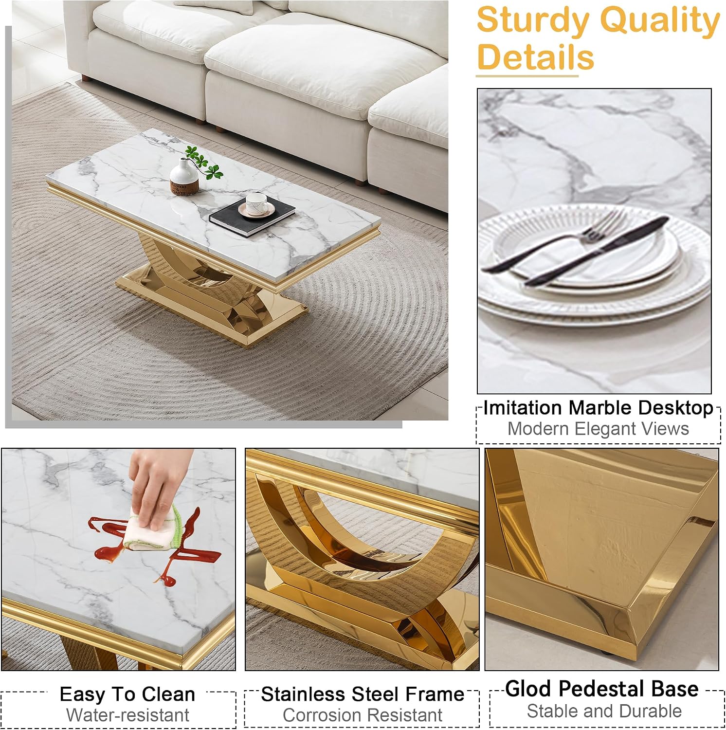 Modern Marble Coffee Table, 47' Rectangular White Coffee Tables with Gold Stainless Steel U-Shaped Base, Faux Marble Center Table Cocktail Tea Tables for Living Room Office Apartment