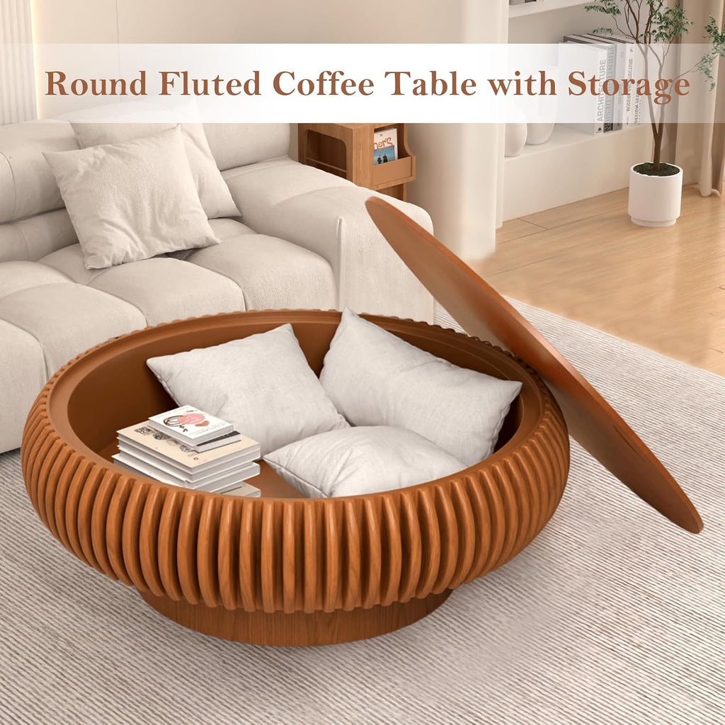 39.37' Round Fluted Coffee Table with Storage Unique Contemporary Wood Low Circle Drum Tea Tables - Sturdy Pedestal for Small Space (J Brown 39.37in)