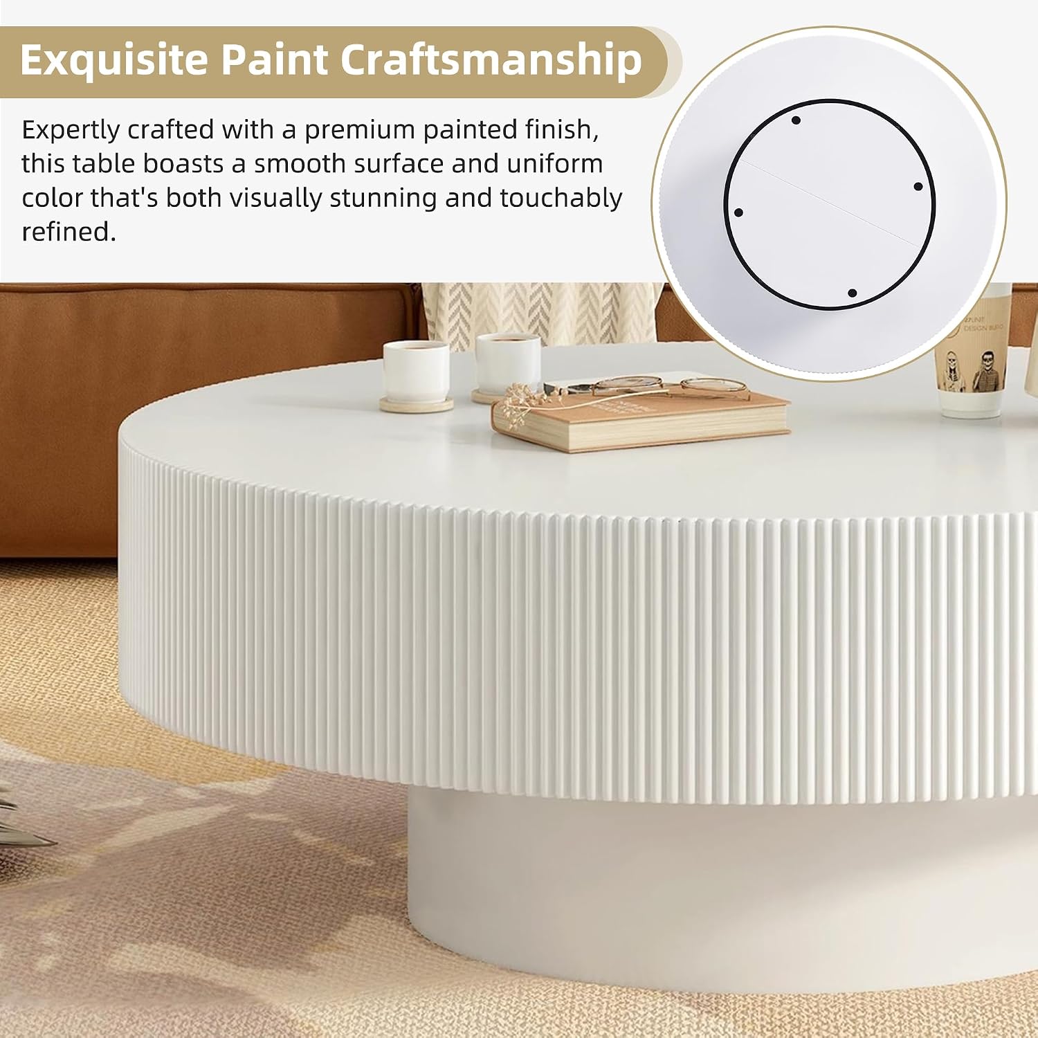 SOFTSEA Round Coffee Table for Living Room, Modern Drum Center Table, Fluted Side Table with Sturdy Base for Bedroom, Office, Apartment, 35.4'L x 35.4'W x 16.7'H, White