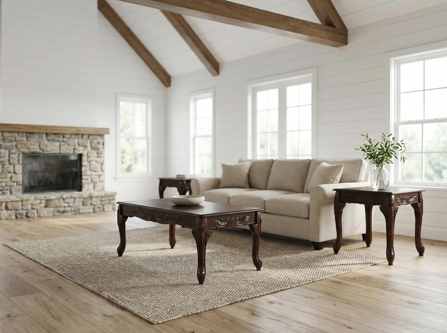Furnifact Dark Cherry 3-Pc Wood Coffee and End Table Set with Stylish Finish, Durable Construction for Living Room, Compact and Functional Furniture Design