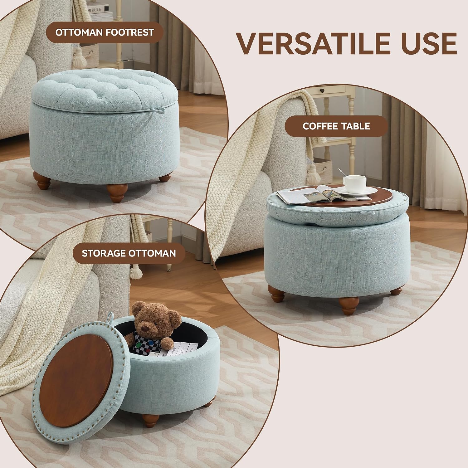 WUTUTUEE 24Inch Round Storage Ottoman with Tray, Modern Tufted Fabric Circle Coffee Table with Storage, Upholstered Ottoman with Removable Top for Living Room, Bedroom, Light Blue