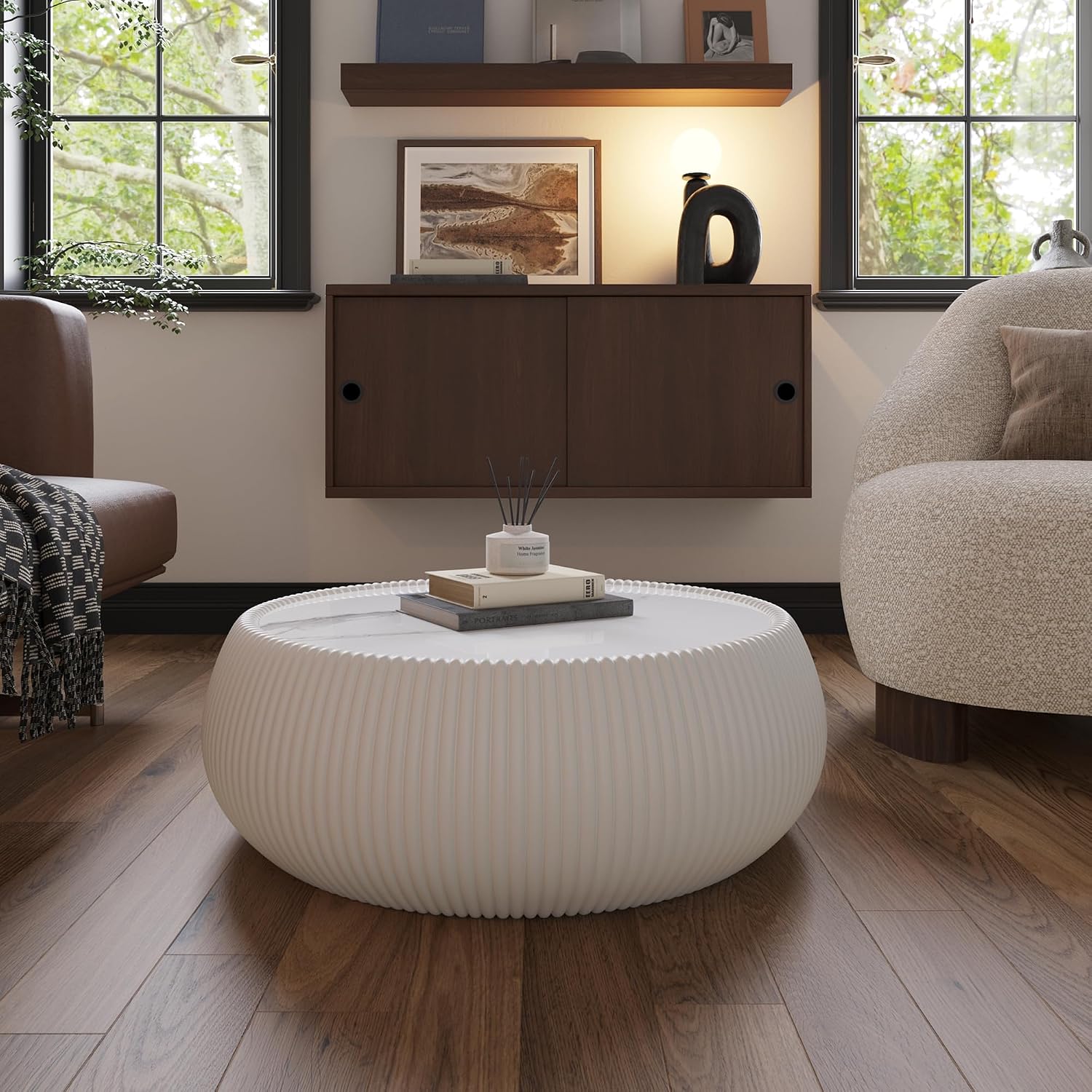 27.55' Round Marble Coffee Table,White Fluted Coffee Table with White Sintered Stone Top & PU Leather Covered, Modern Drum Coffee Cocktail Center Tables for Living Room,No Need Assembly