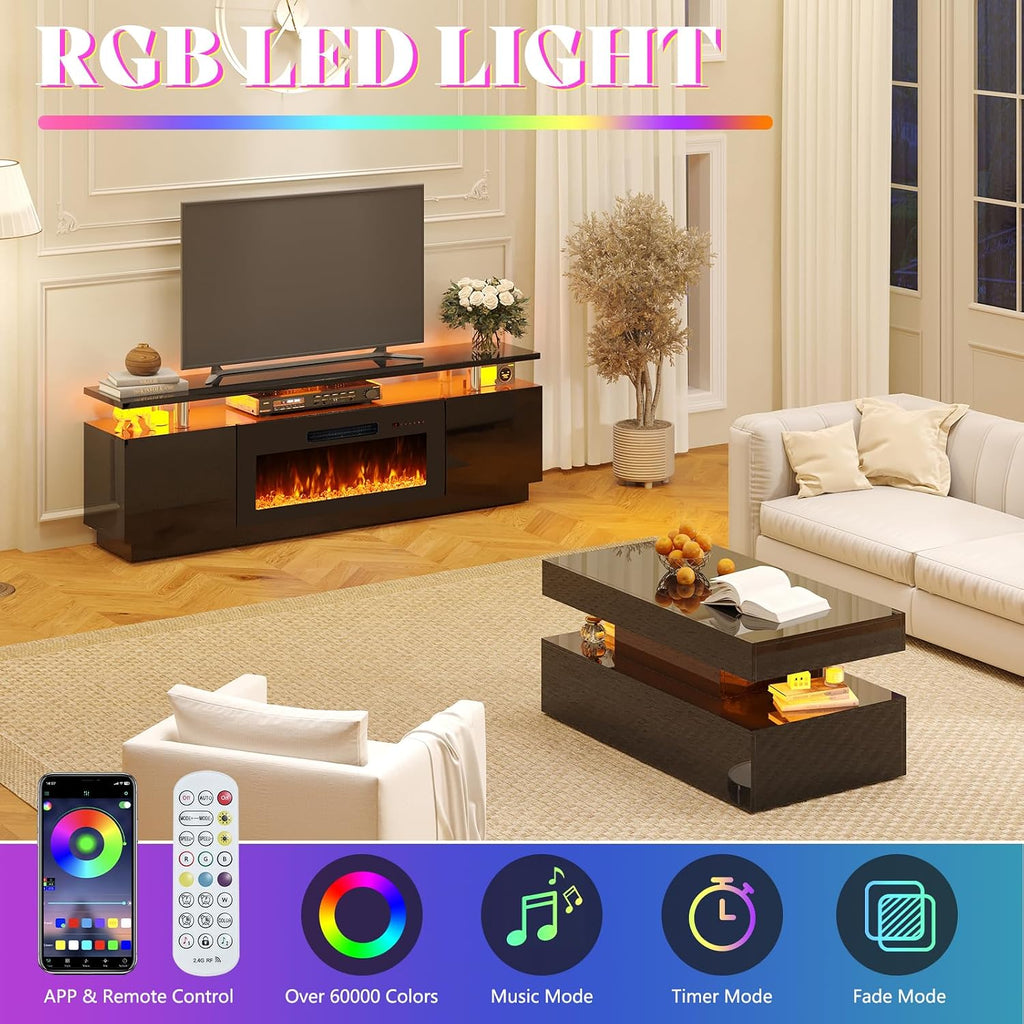 AMERLIFE 3 Piece Modern Living Room Table Set, Includes 70' High Gloss Fireplace TV Stand, 2-Tier Coffee Table, LED Lights Entertainment Center Set for Living Room, Black