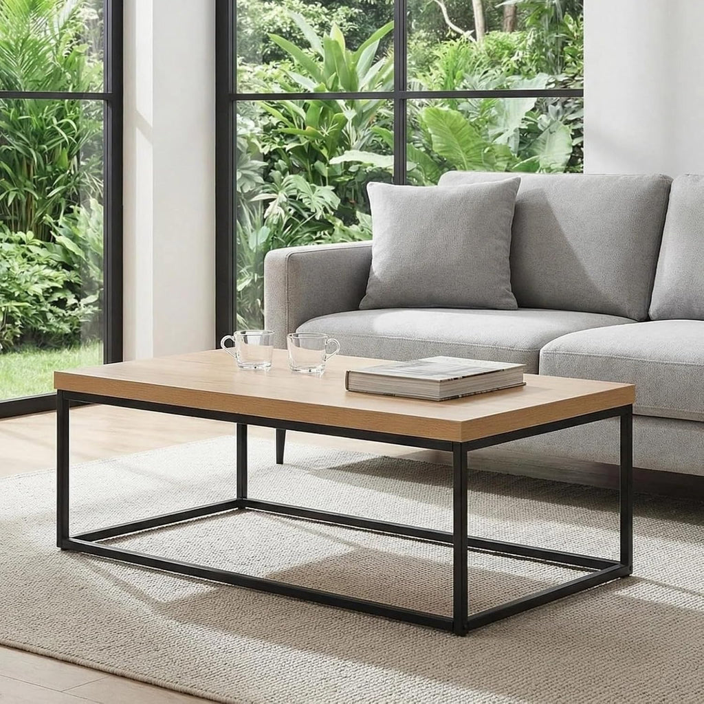 CENSI 47 Inch Oak Coffee Table for Living Room, Modern Industrial Center Table with Extra Thick 40mm Wood Top, Natural White Oak Finish, Rectangle Cocktail Table