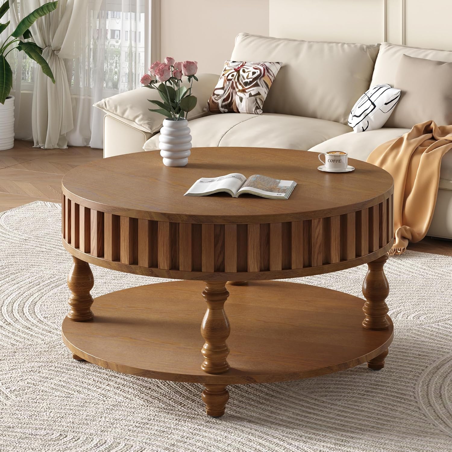31.49'' Round Coffee Table with Storage Space, 2-Tier Modern Rustic Wood Circle Fluted Coffee Table for Living Room, Moveable Table Top & Easy Assembly, Walnut