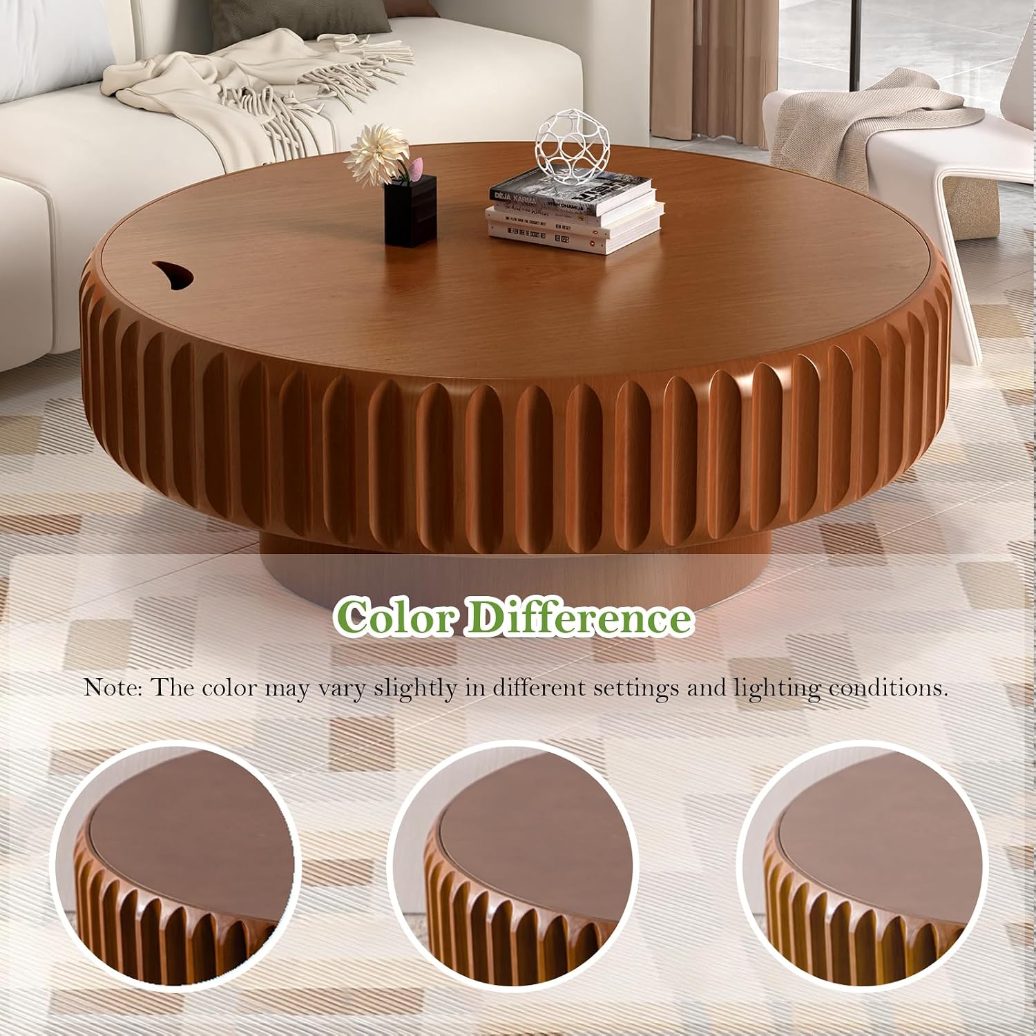 39.37' Round Drum Coffee Table with Storage Rustic Chic Fluted Center Table - Handcraft Solid Wood Veneer Edge for Living Room Farmhouse (A 39.37in)