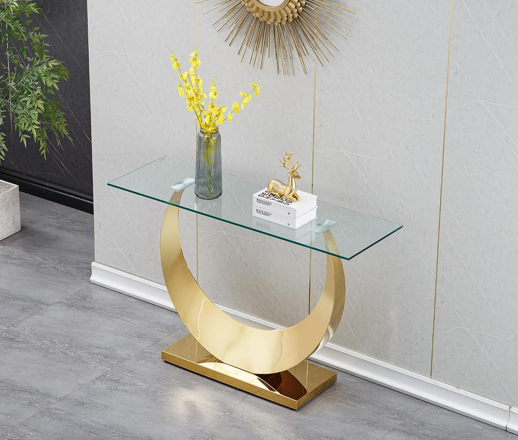 SSLine 1 Piece Living Room Console Table Luxury Glass Entryway Table,Modern Gold Console Table with Half Moon-Shape Stainless Steel Pedestal Base for Living Room Hallway Corridor(1 Console Table)