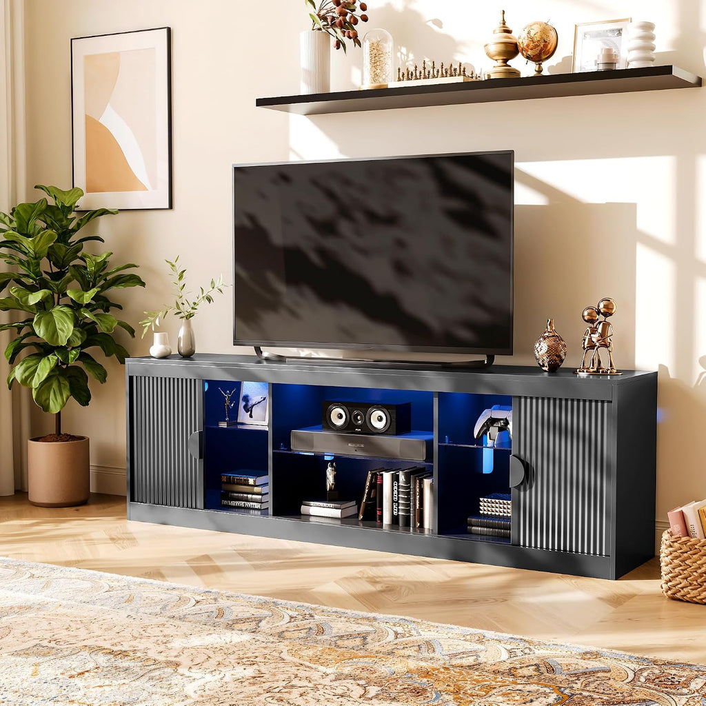LGHM 70'' Black TV Stand with Lighting, Stylish Modern Entertainment Center with Slip Doors for TVs Up to 80', Media Console for Living Room