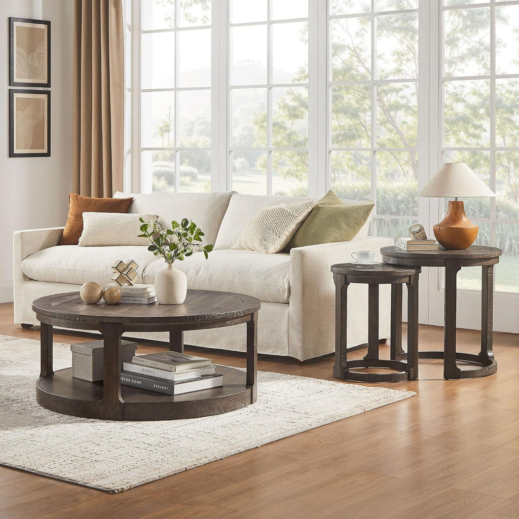 Round End Side Table Set of 2, Handcraft Nesting Table for Living Room, Modern Wood Circle Style, Easy Assembly, Dark Brown
