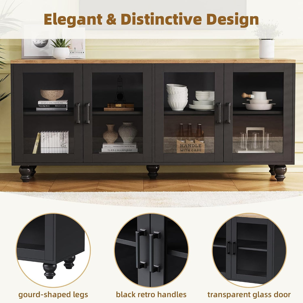 Ball & Cast Farmhouse TV Stand with Tempered Glass Doors for TVs up to 70',Sideboard Buffet w/5 Solid Wood Gourd-Shaped Legs & Adjustable Shelf,Entertainment Center for Living Room,Black+Natural