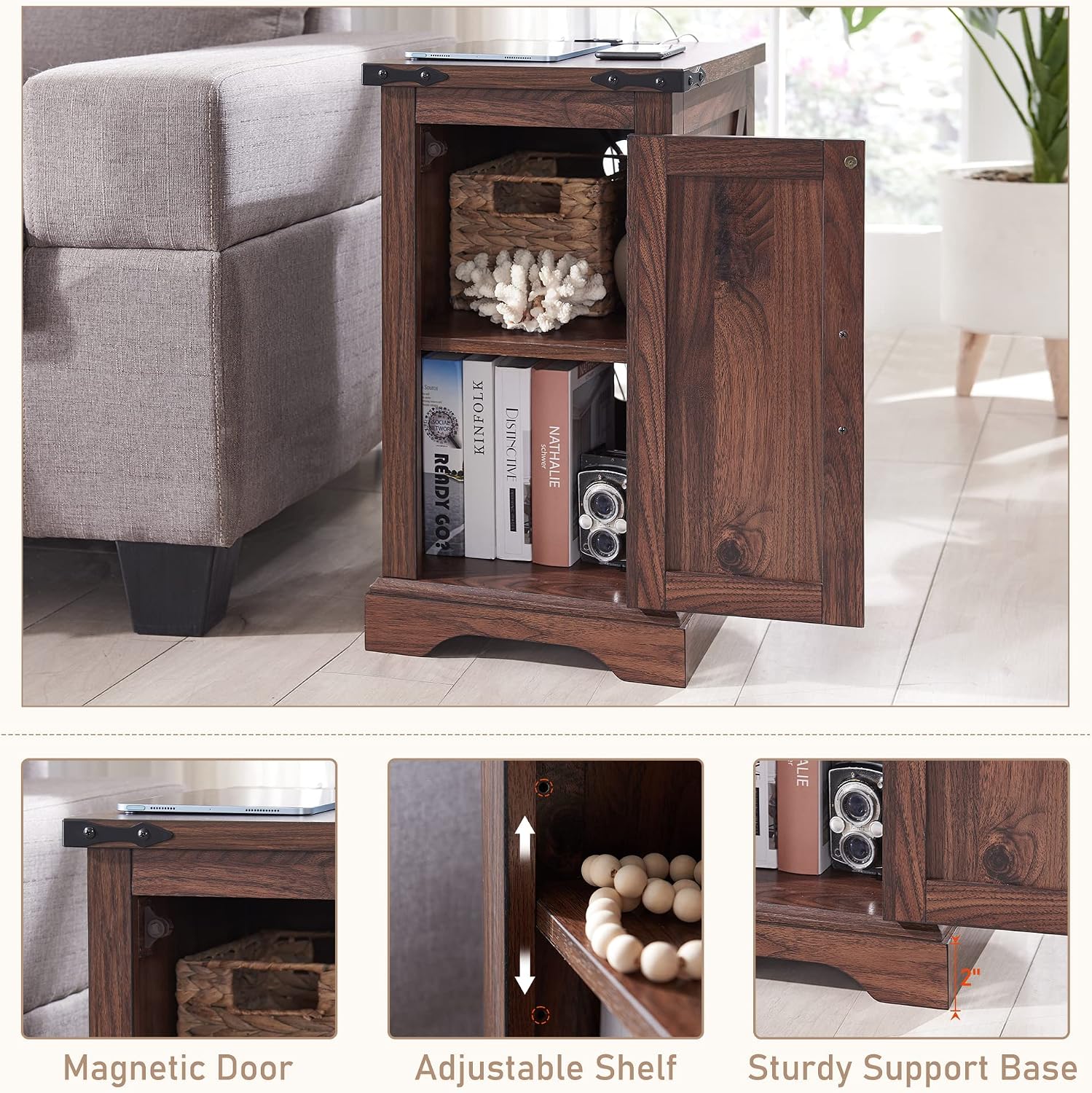 JXQTLINGMU 3-Piece Farmhouse Coffee Table and End Table Sets, Includeds 36' Lift Top Square Coffee Table w/Storage & 2 Rustic Wood End Tables w/Charging Station & Barn Doors for Living Room, Brown