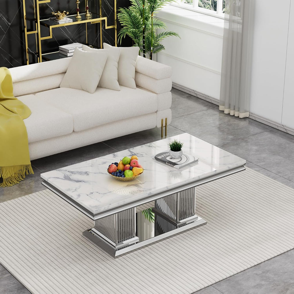 3 Pieces Coffee Table Set, Faux Marble Living Room Table Set of 3, Modern Coffee Table and 2 End Tables with Column-Shaped Stainless Steel Base for Living Room Office (White Silver)
