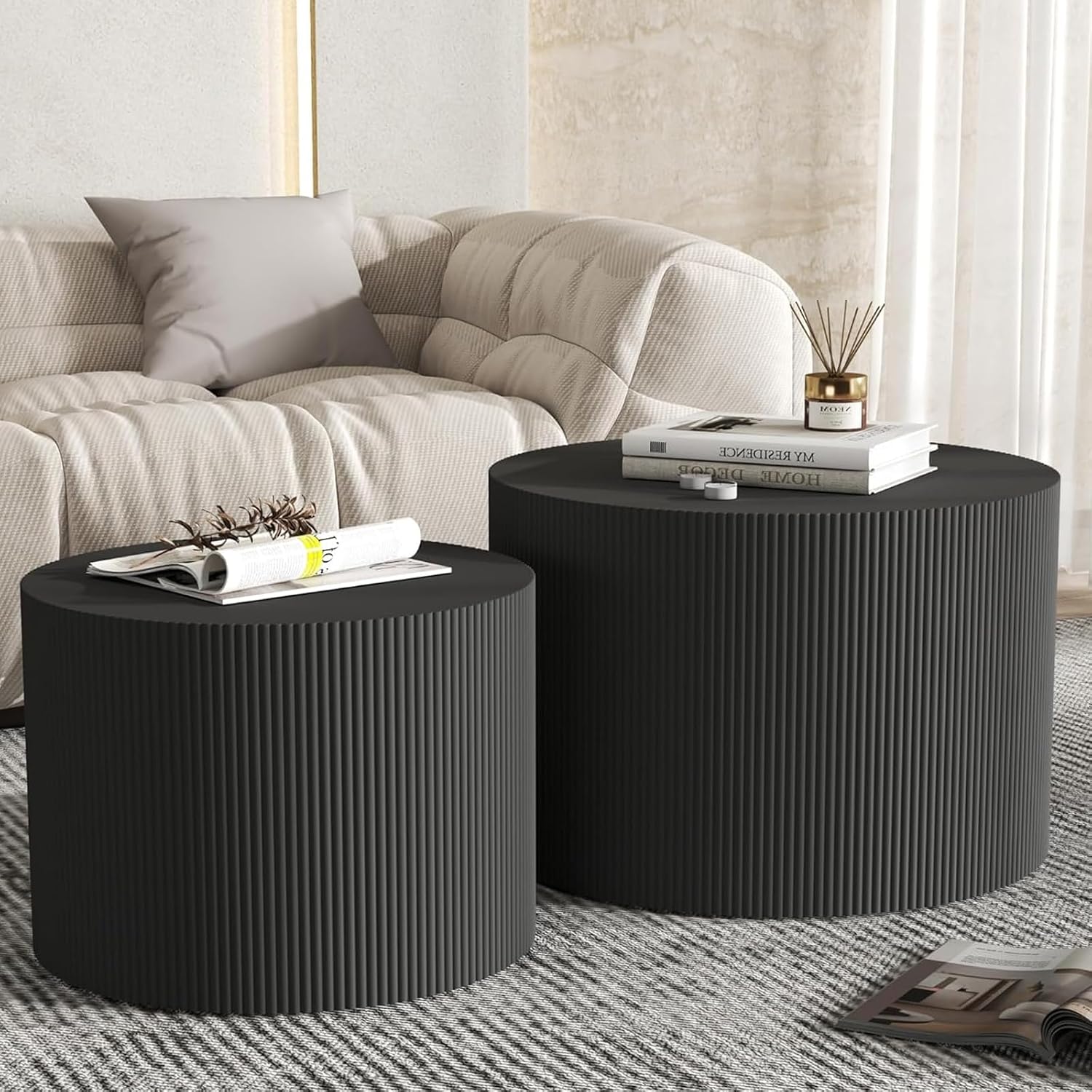 Round Coffee Table Set of 2 Modern Nesting Coffee Tables for Living Room Wave Stripe Round Coffee Table for Living Room Bedroom (C)