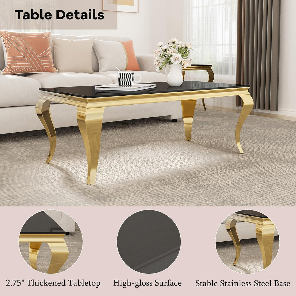 46.8 Inch Glass Coffee Table, Modern Rectangular Center Table with Black Tempered Glass Top and Gold Stainless Steel Legs, for Living Room, Apartment, Home Office