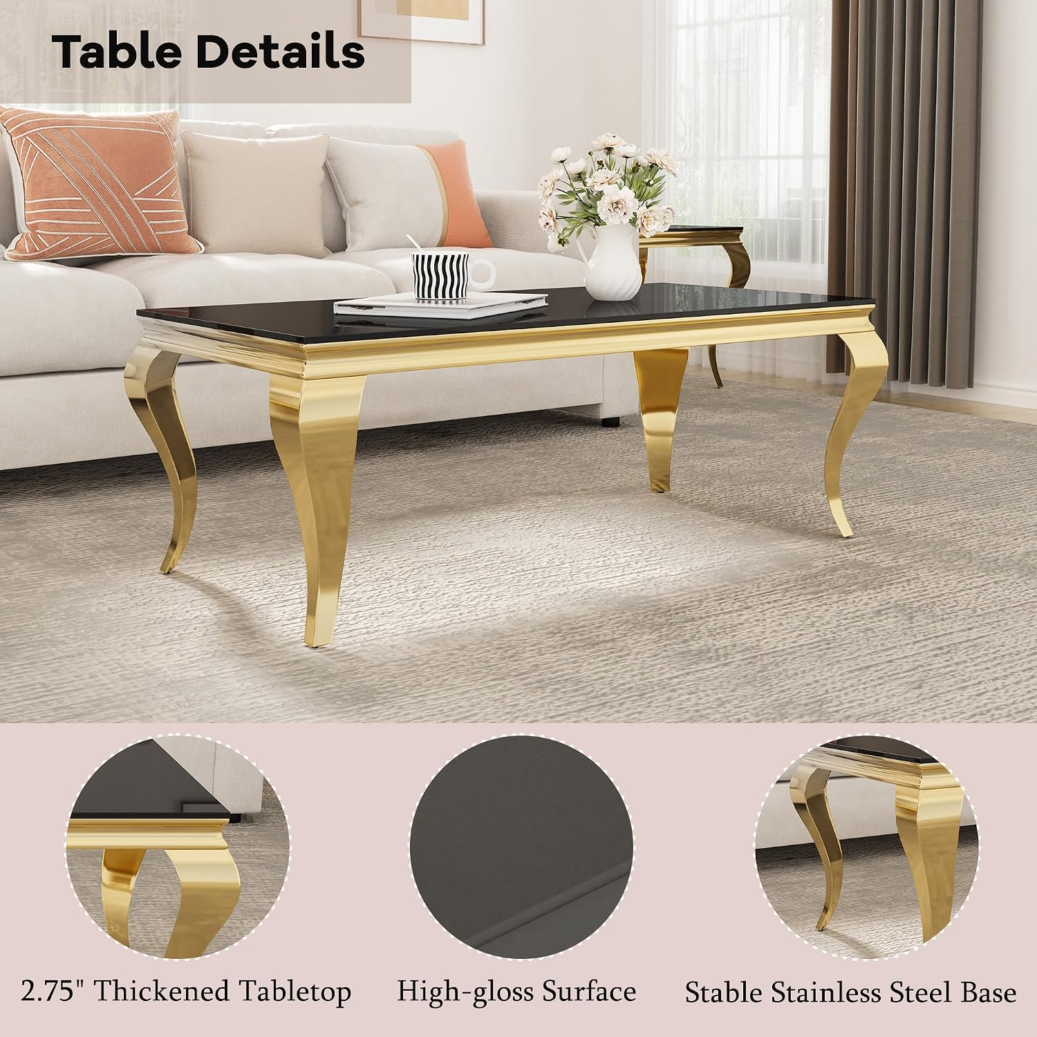 46.8 Inch Glass Coffee Table, Modern Rectangular Center Table with Black Tempered Glass Top and Gold Stainless Steel Legs, for Living Room, Apartment, Home Office
