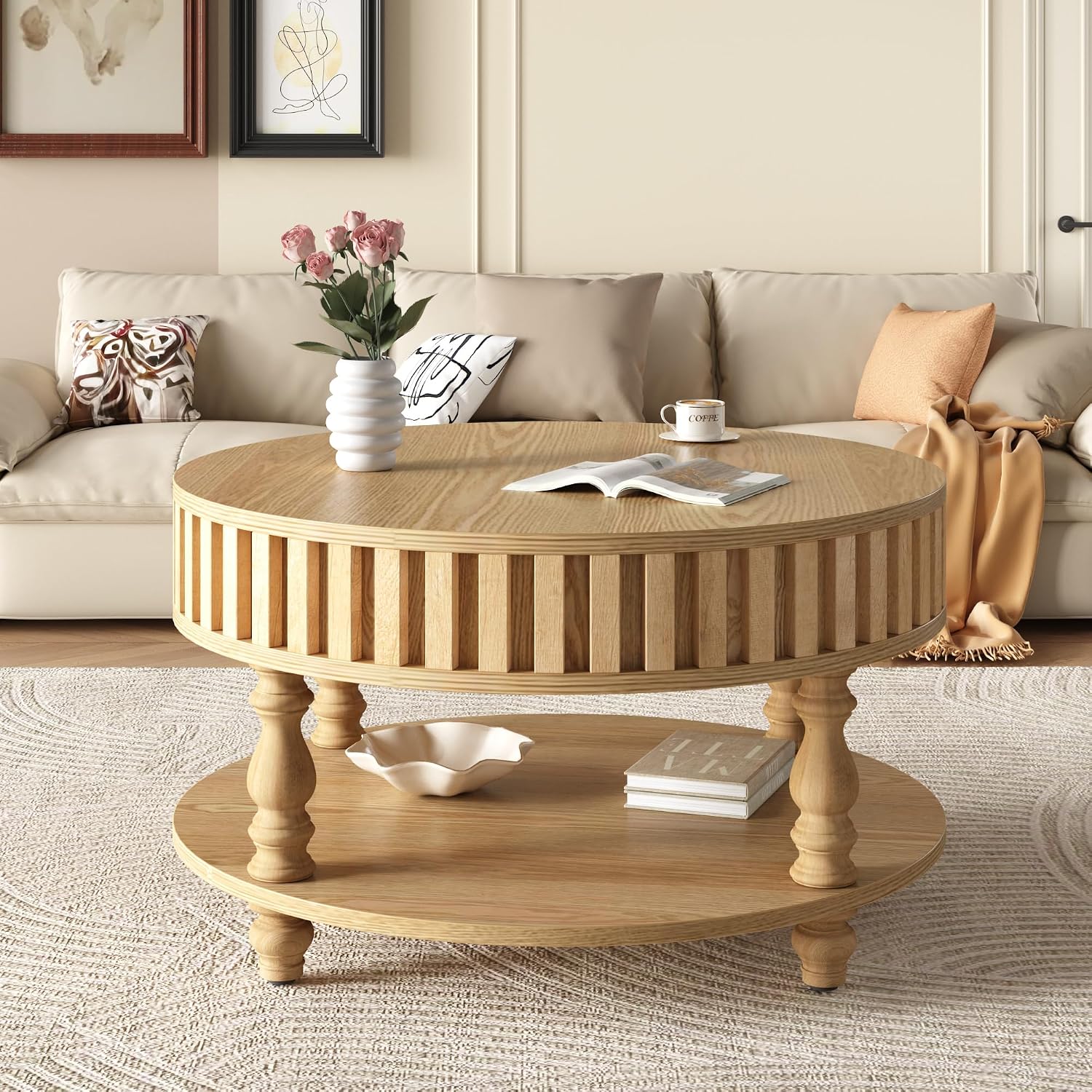 31.49'' Round Coffee Table with Storage Space, 2-Tier Modern Rustic Wood Circle Fluted Coffee Table for Living Room, Moveable Table Top & Easy Assembly, Natural