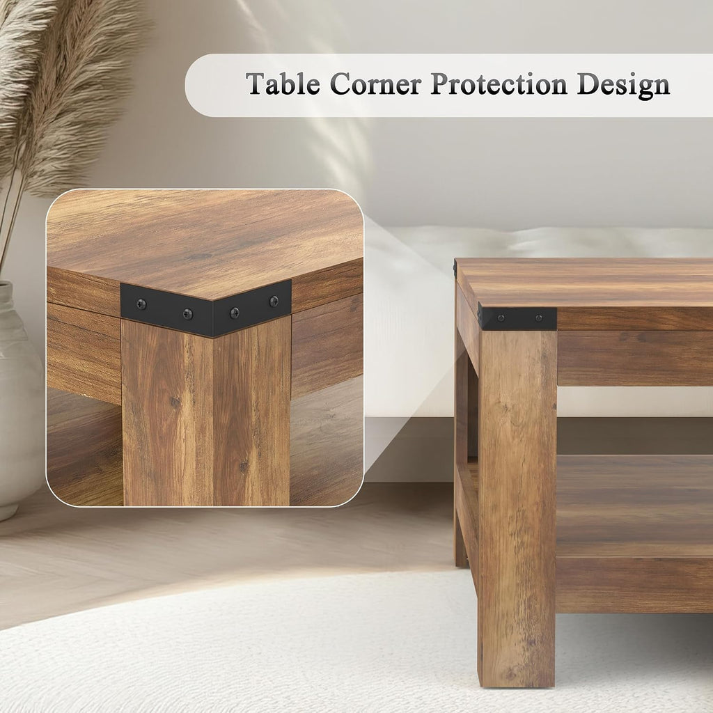 Farmhouse Coffee Table, Modern Rustic Wooden Center Table with Storage, Living Room Tables, 2-Tier Industrial Cocktail Tea Table for Living Room