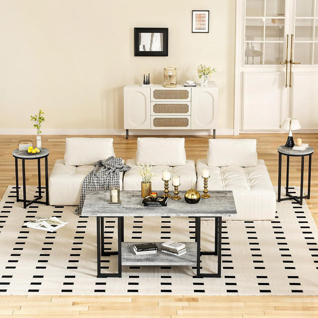 AWQM 3 Pieces Living Room Table Set, Faux Marble Coffee Table with 2 Round End Side Tables, Coffee Table Set with Metal Frame for Apartment Home Office, Grey&Black