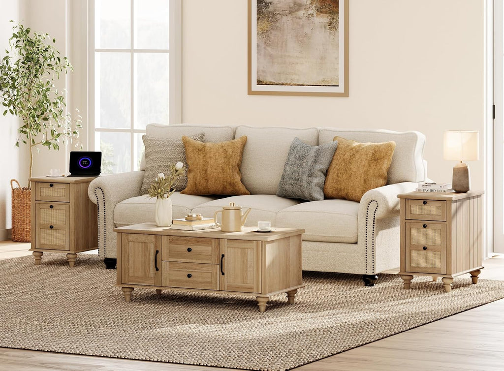 WAMPAT 3 Pieces Living Room Table Set, One Farmhouse Coffee Table with Storage Cabinet & Drawer, Set of 2 Rattan End Tables Nightstands with Charging Station, Oak