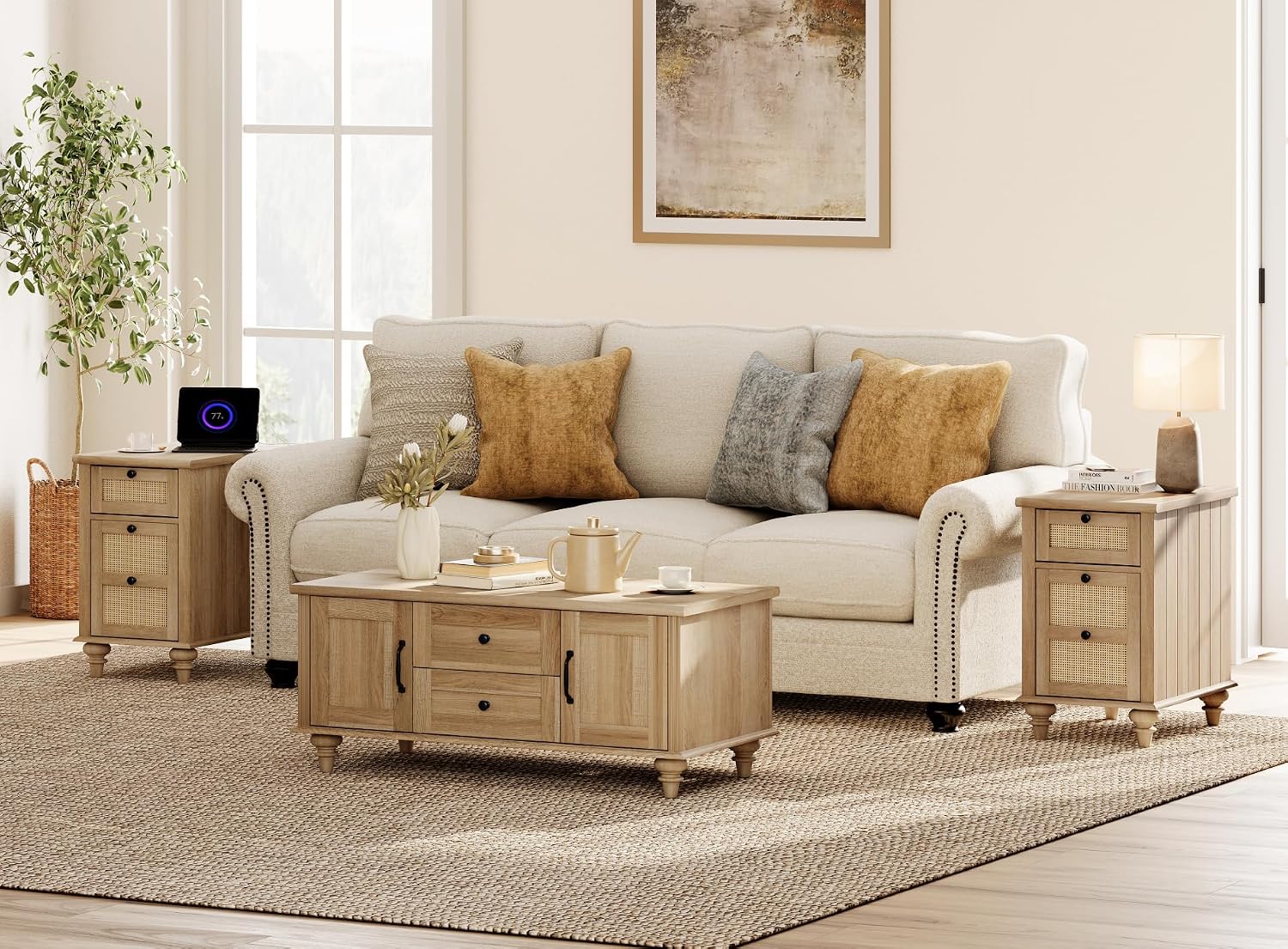 WAMPAT 3 Pieces Living Room Table Set, One Farmhouse Coffee Table with Storage Cabinet & Drawer, Set of 2 Rattan End Tables Nightstands with Charging Station, Oak