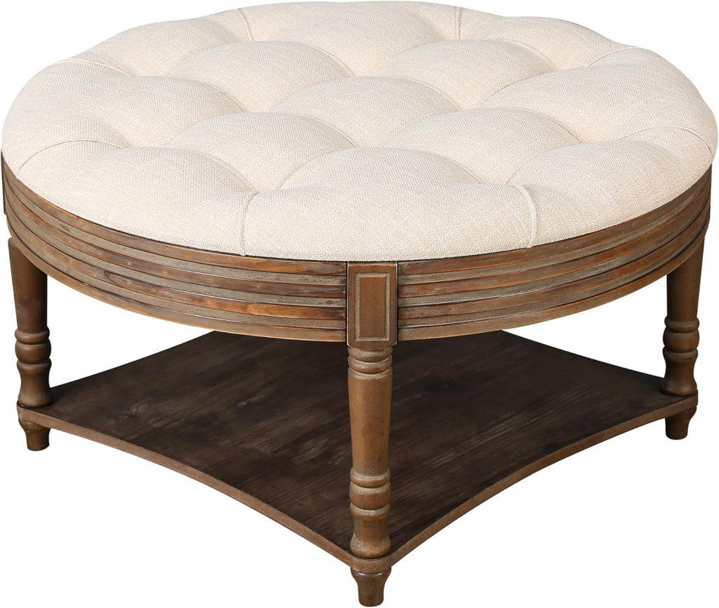 31.49'' Round Coffee Table with Storage Space, 2-Tier Modern Wood Circle Coffee Table for Living Room, Moveable Table Top & Easy Assembly & Waterproof Upholstered Linen, Beige & Wood