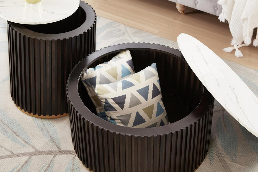 Round Wood End Table with Marble Lid ＆ Hidden Storage, Modern Handcraft Drum End Table, Circle Wooden Side Table for Apartment Living Room, No Need Assembly(Black Brown,20x20x22 in)