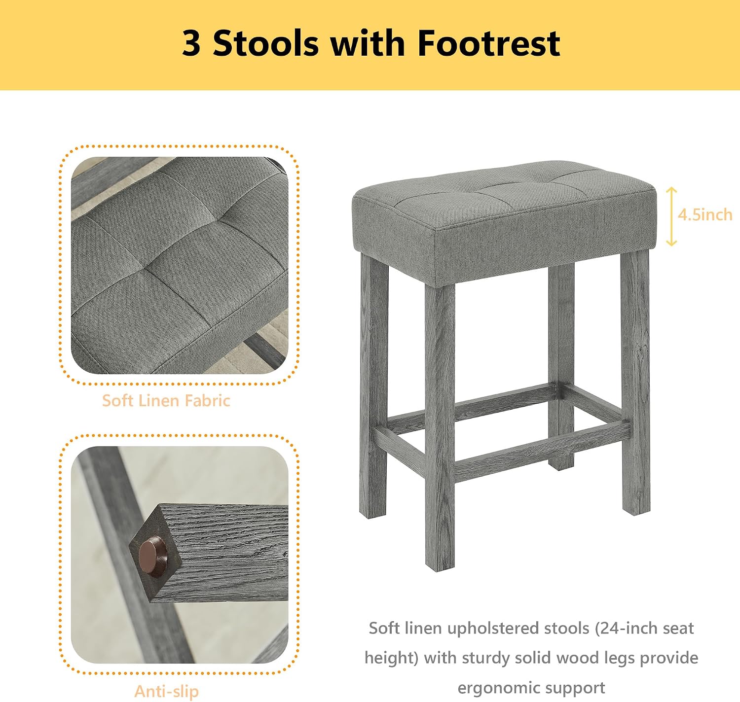 Merax 59' Bar Table Set with Power Outlet,Industrial Breakfast Table with 3 Upholstered Stools w/Footrest,4 Piece Counter Height Bar Table and Chair Set for Living Room,Dining Room,Kitchen,Grey