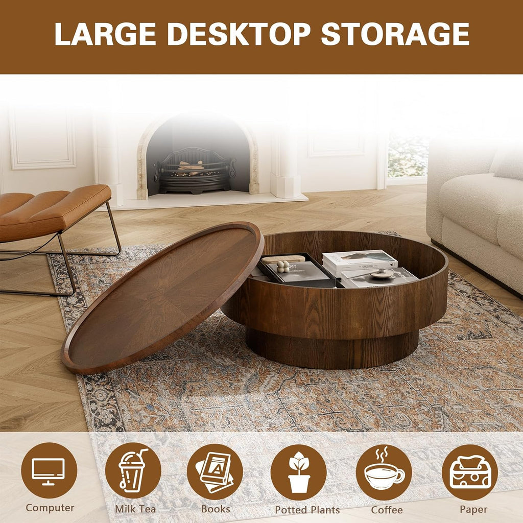 Round Drum Coffee Table White Fluted Coffee Table Circle Center Table Pedestal End Table for Apartment (Brown Round)