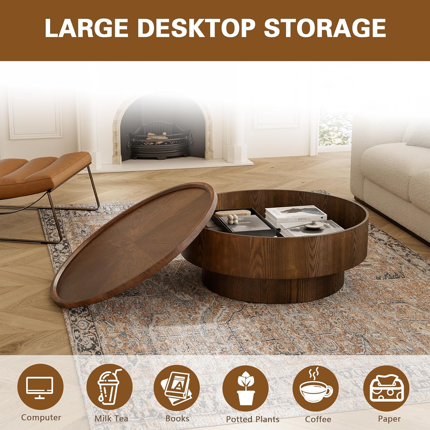 Round Drum Coffee Table White Fluted Coffee Table Circle Center Table Pedestal End Table for Apartment (Brown Round)