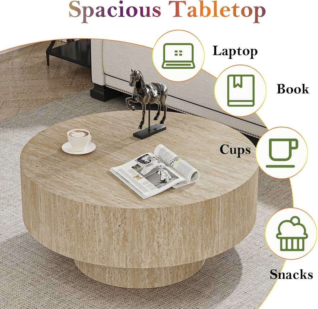 Round Travertine Coffee Table, with Large Tabletop & Base, Mid Century Rustic Circle Wood Center Table for Living Room Farmhouse Apartment, Easy Assembly (B)