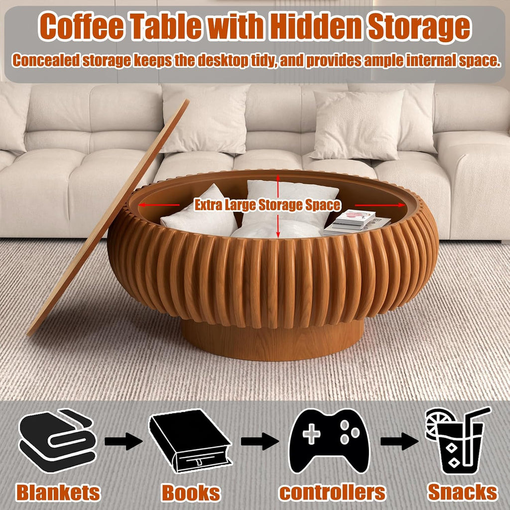 31.5' Round Drum Coffee Table with Hidden Storage, Modern Fluted Coffee Tables with Solid Wood Veneer, Wooden Circle Center Table for Living Room, Small Spaces, and Apartments, Easy Assembly