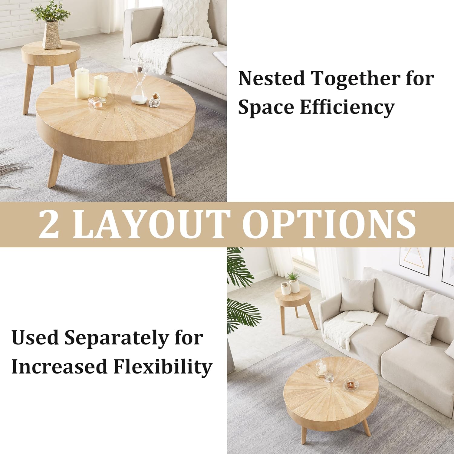 Nesting Round Wood Coffee Table Set of 2 - Wooden Circle Coffee Table ＆ End Table Side Table for Living Room Apartment (Light Brown,31x31x14 in)