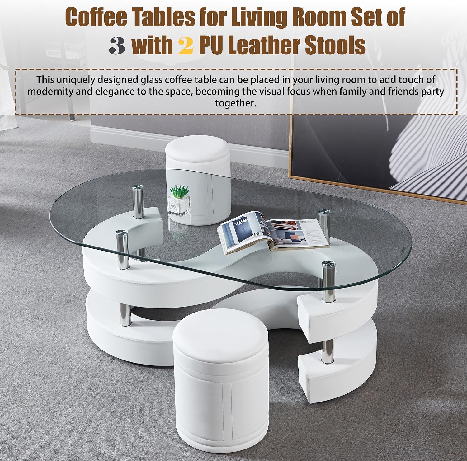 Glass Coffee Table Set with 2 Stools, 49' Oval Coffee Table with Tempered-Glass Table Top and 2 Leather Stools, Modern Center Table Set for Living Room, Home Office